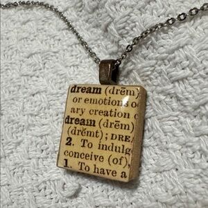 Vintage Scrabble Tile and Dictionary Dream Definition Necklace Silver Tone Chain